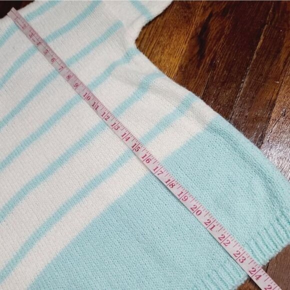 Vintage 80s Pastel Blue White Striped Chunky Cozy Mock Neck Sweater - Picture 9 of 12